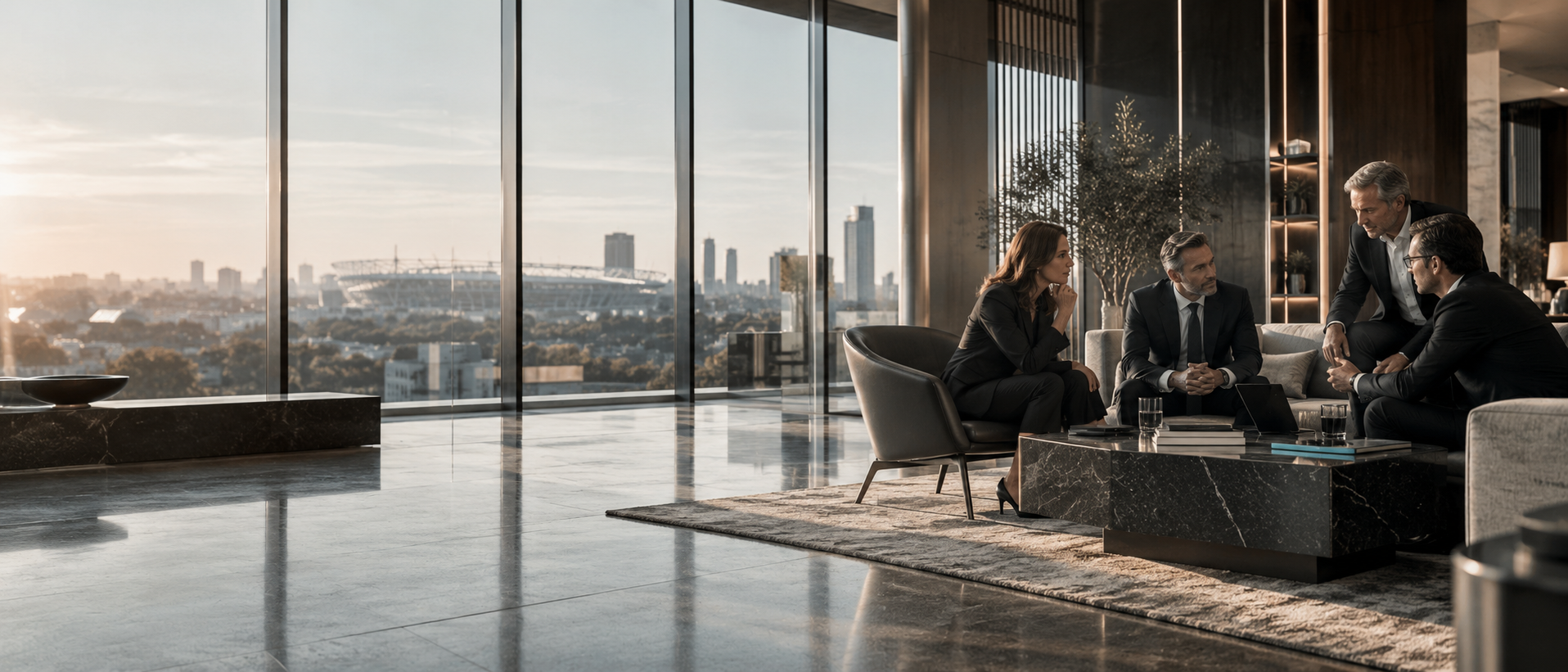 Managementgespräch mit Blick auf ein Sportstadion: Financial Services, Hospitality und Professional Sports