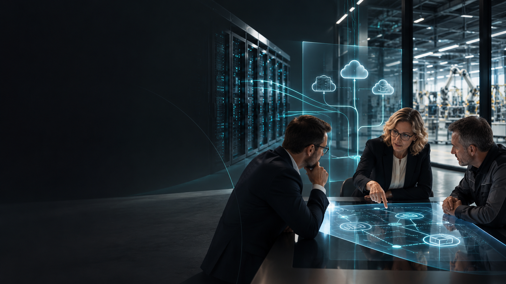 Führungskräfte vergleichen ERP-Betriebsmodelle zwischen eigenem Serverraum und Cloud.
