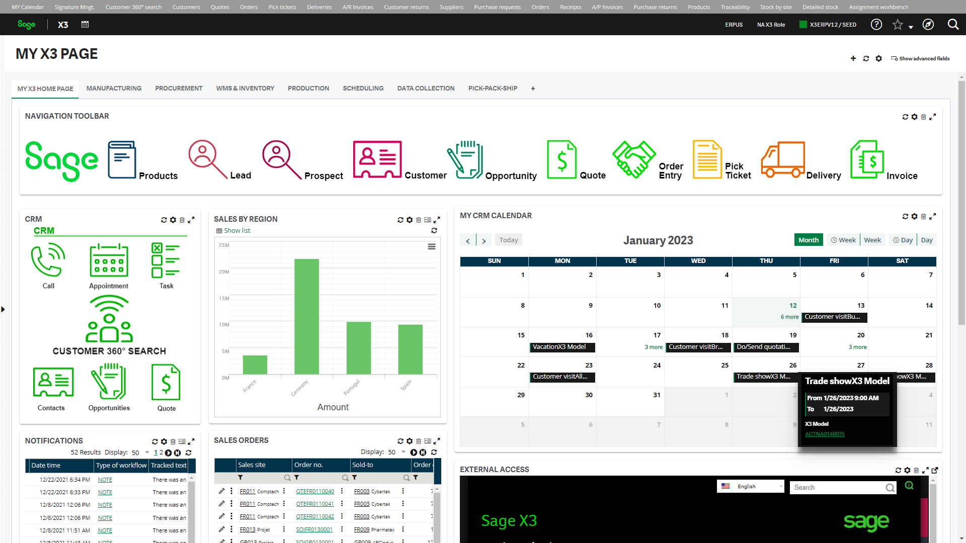 Rollenbasierte Sage X3 Startseite mit Navigation, CRM, Aufträgen und Kalender